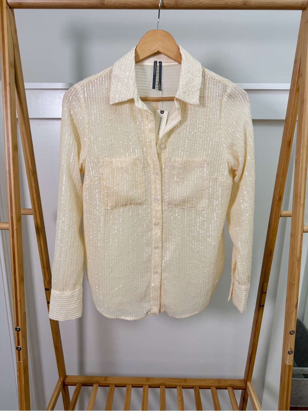 Anthropologie Cream Sequin Sheer Button-Up